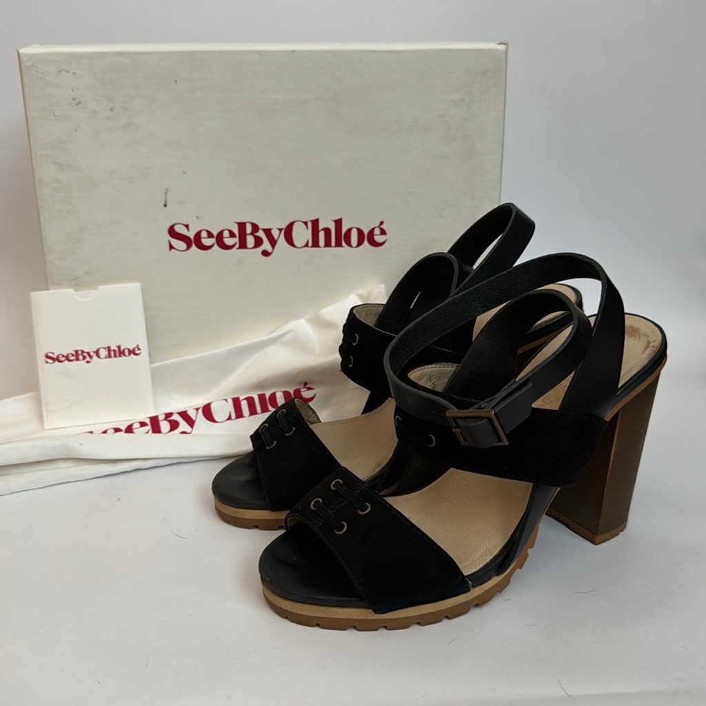 See By Chloe Heel Sandals Black Suede Size 37 Pre-Owned